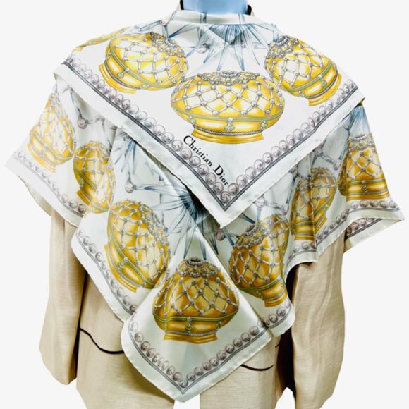Unused  Christian Dior 100% Silk Satin Scarf  34"  Ivery Gold Jar Gray Flora (32 - Picture 1 of 12